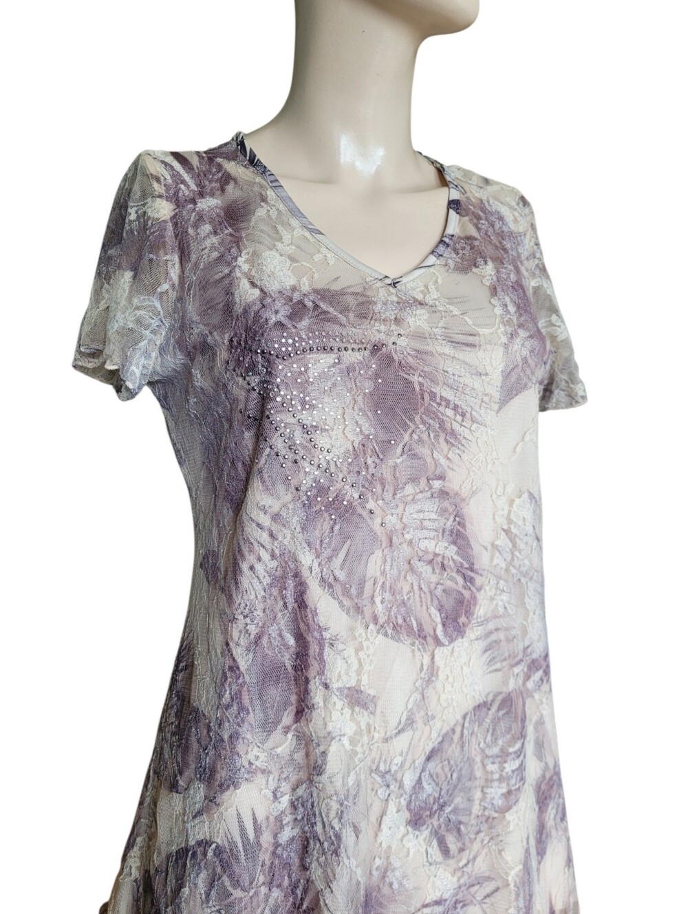 Y2K Fairycore Lace Overlay Botanical Print Blouse Rhinestones Lavender Cream - Picture 2 of 14